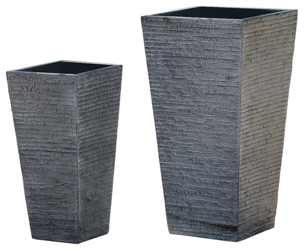 2Piece Gray Stone Finish Tall Tapered Square MgO Planter
