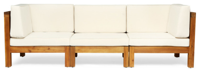 GDF Studio Dawson Outdoor 3-Seater Acacia Wood Sectional Sofa Set, Teak/Beige