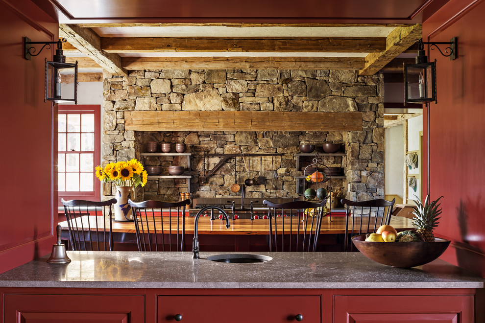 Inspiration for an expansive country kitchen in New York with an undermount sink, shaker cabinets, red cabinets, stainless steel appliances and with island.
