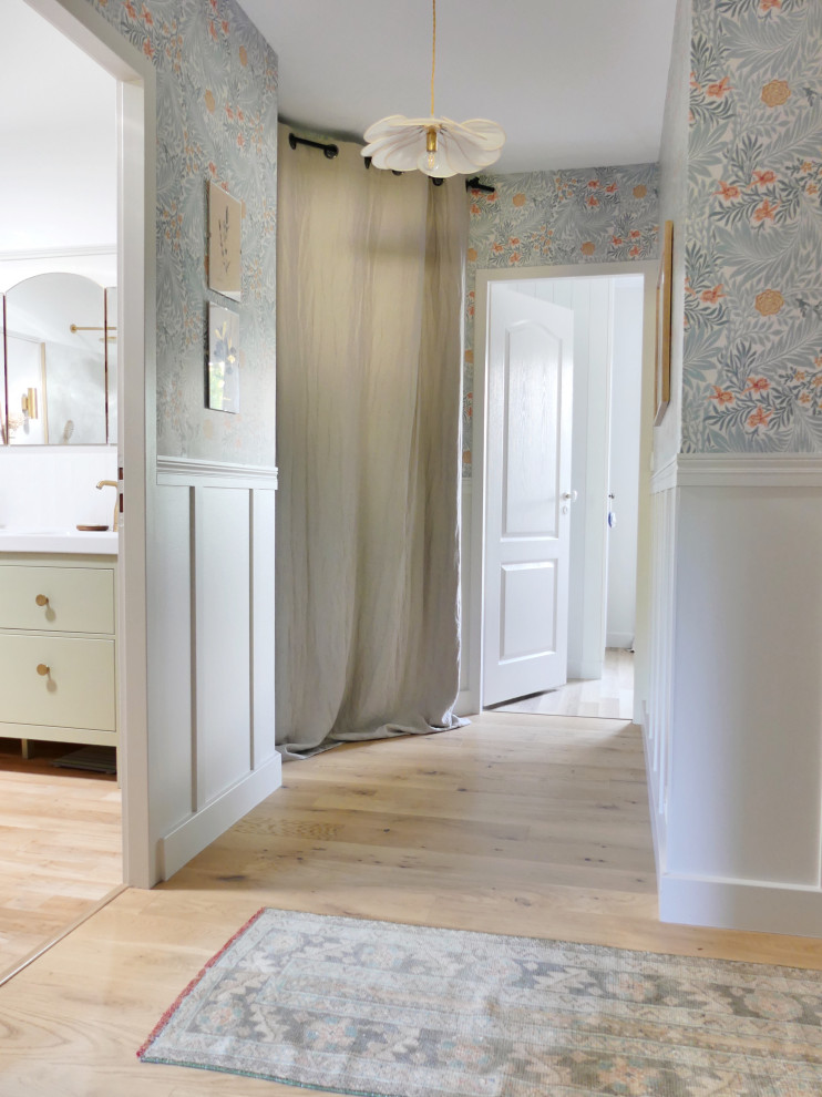 Small beach style light wood floor and wallpaper hallway photo in Nantes with beige walls