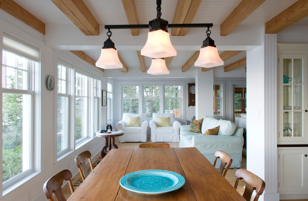Design ideas for a beach style dining room in Portland Maine.