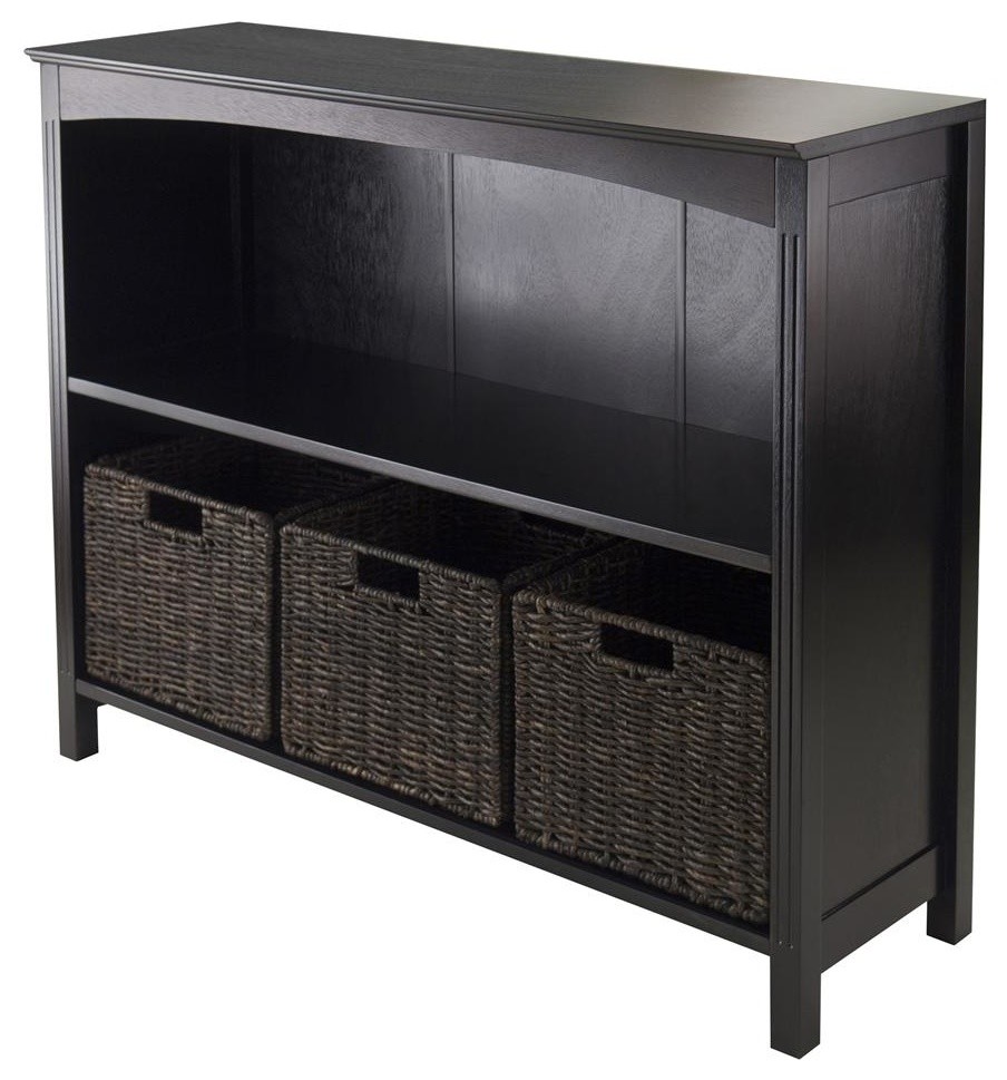 4-Pc Storage Shelf With 3 Foldable Corn Husk Baskets, Espresso And Chocolate