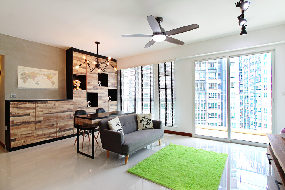 Inspiration for a contemporary open concept family room in Singapore with white walls.