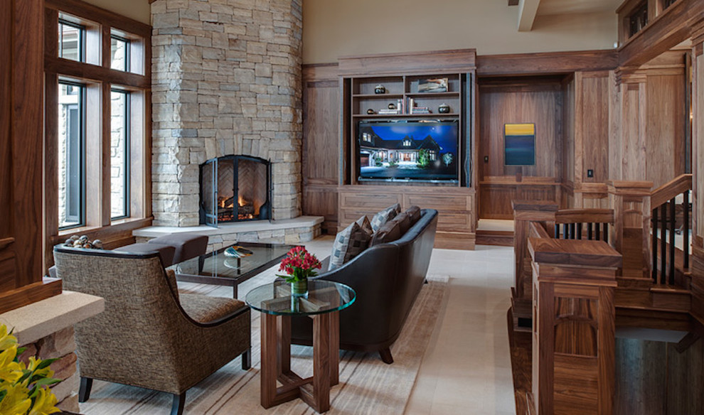 Photo of a large traditional open concept living room in Other with a corner fireplace, a stone fireplace surround, a built-in media wall, brown walls and white floor.