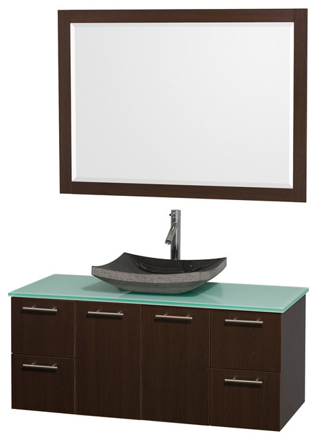 48" Single Vanity,Espresso,Green Glass Top,Black Granite Sink,46" Mirror