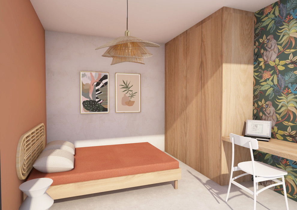 Idées déco pour chambre d'enfant for ados and fille With un mur rouge, sol en béton ciré, un sol gris and du papier peint.