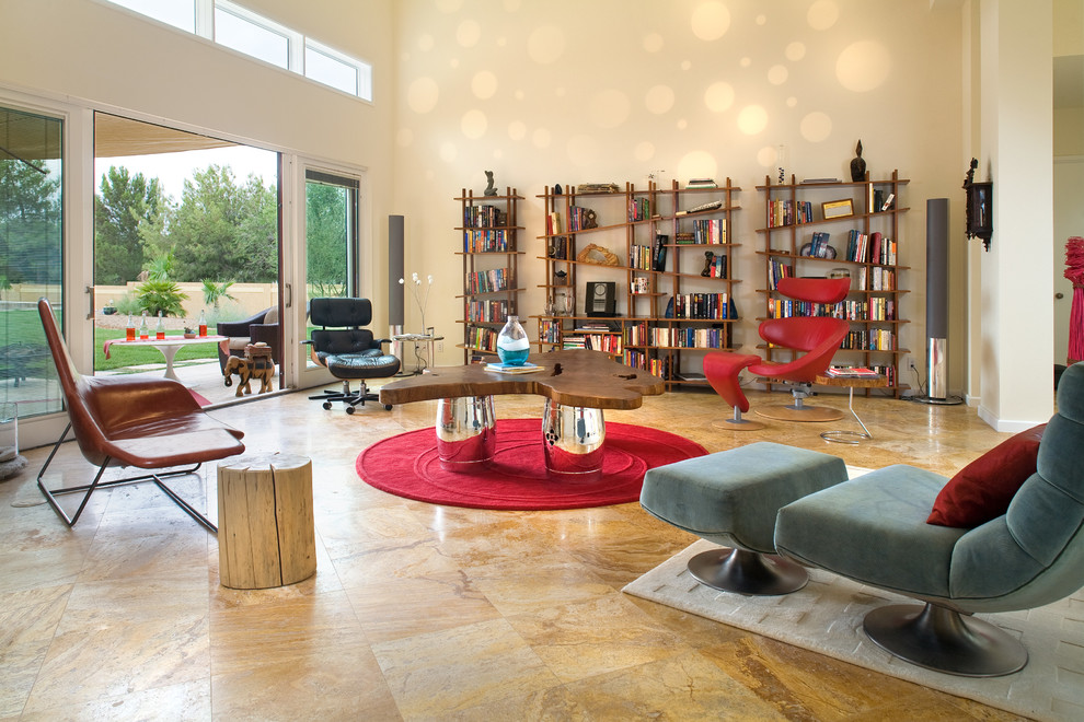 Inspiration for a contemporary open concept living room in Las Vegas with a library, travertine floors, no fireplace and no tv.