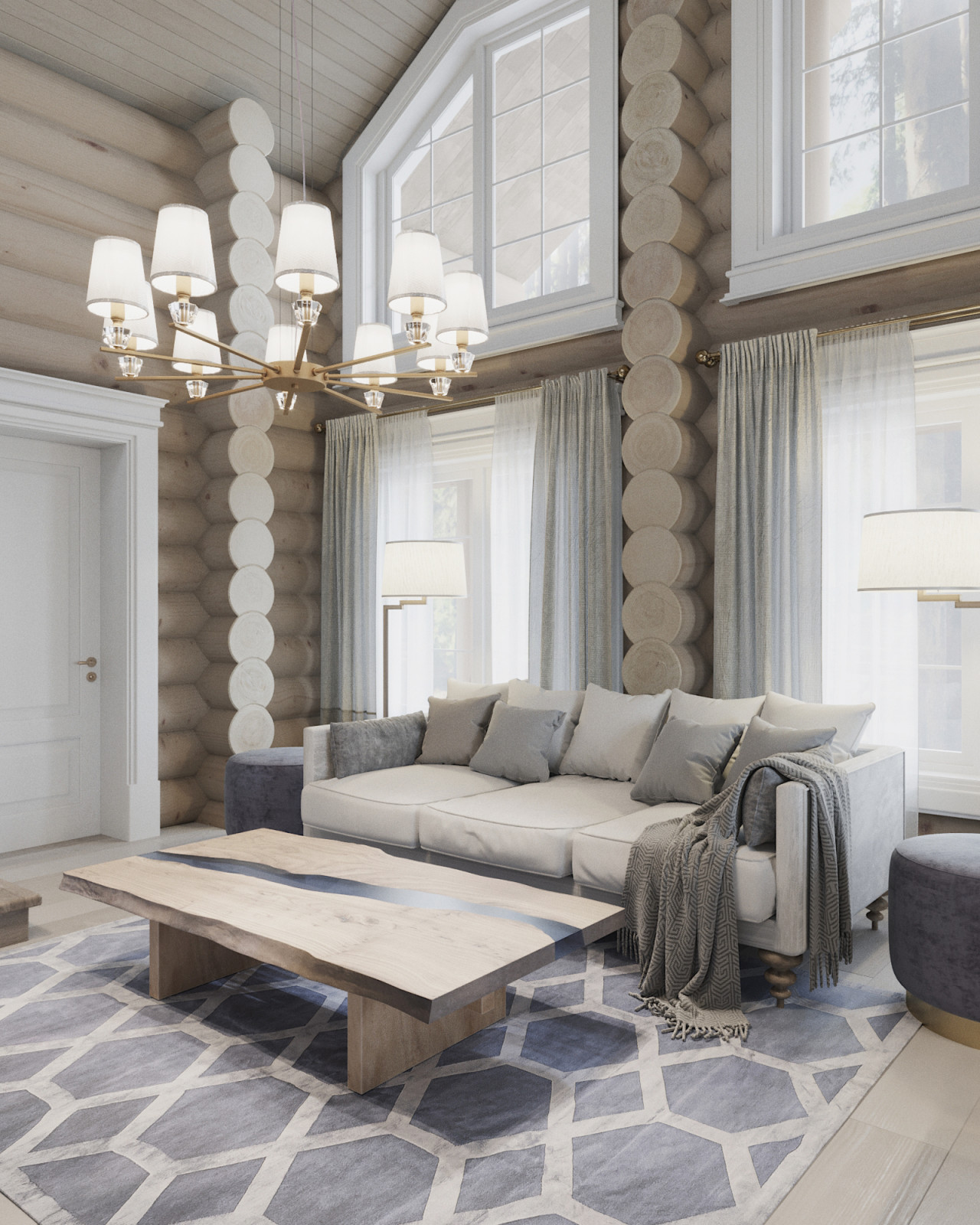 Проект интерьера загородного бревенчатого дома в стиле неоклассика