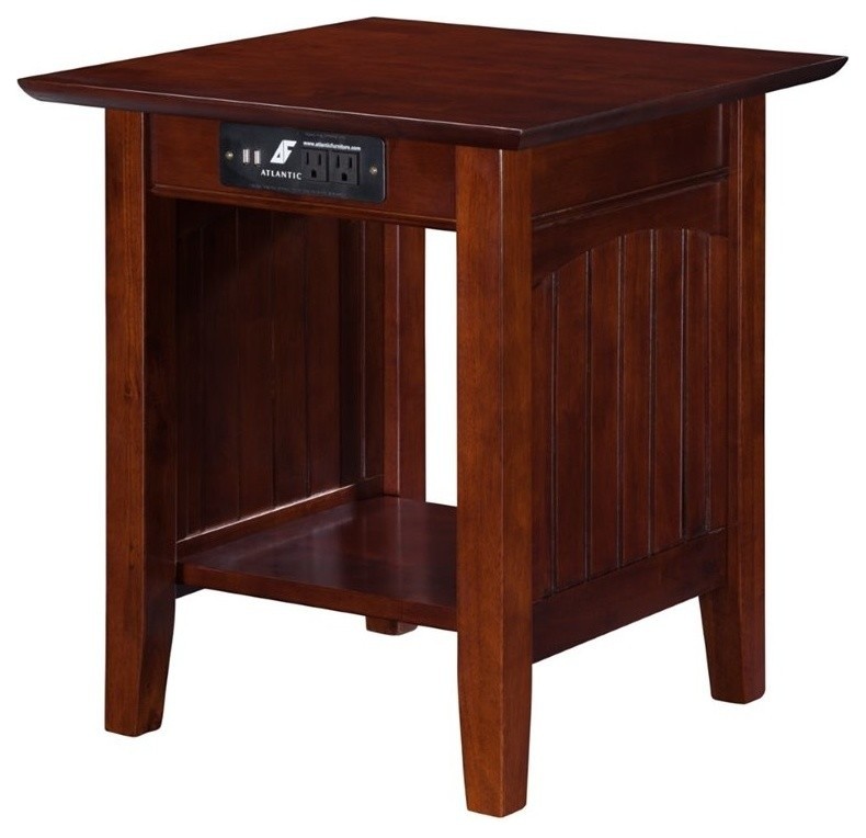 AFI Nantucket Solid Wood End Table with Built In Device Charger in Walnut
