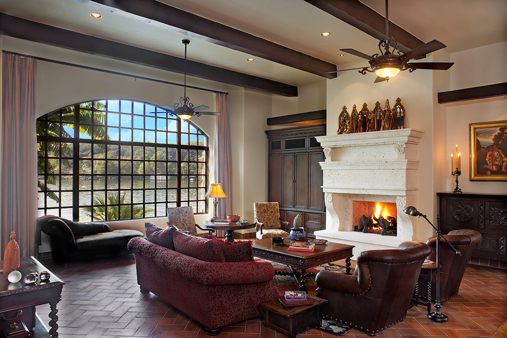 Design ideas for an expansive country living room in Austin with a standard fireplace.