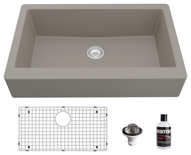 Karran Retrofit Farmhouse Quartz 34" Single Bowl Sink Kit, Concrete