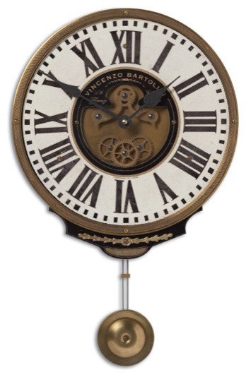 Cream And Brown Pendulum Clock With Brass Details