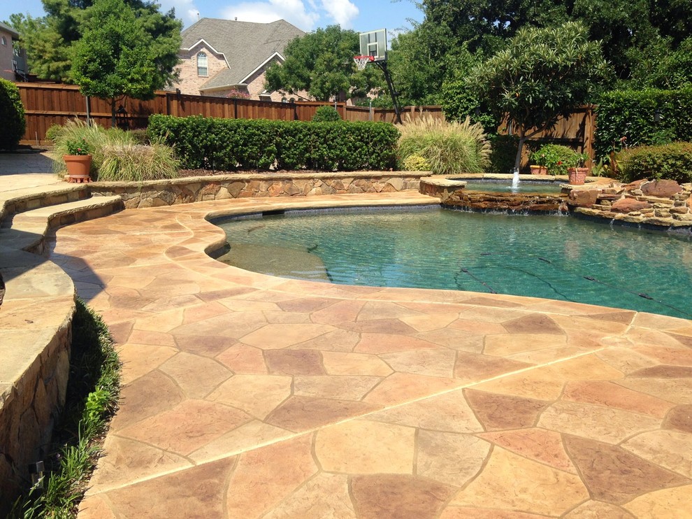Design ideas for a large modern backyard pool in Atlanta with a hot tub.