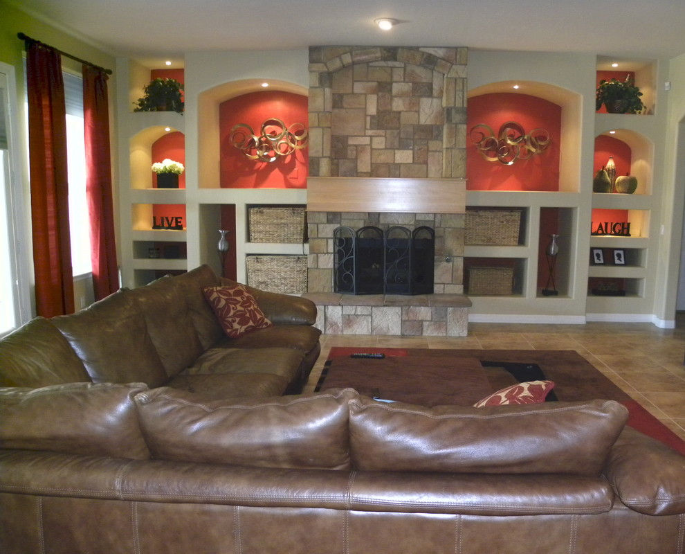 Mid-sized contemporary formal enclosed living room in Phoenix with beige walls, ceramic floors, a standard fireplace and a tile fireplace surround.
