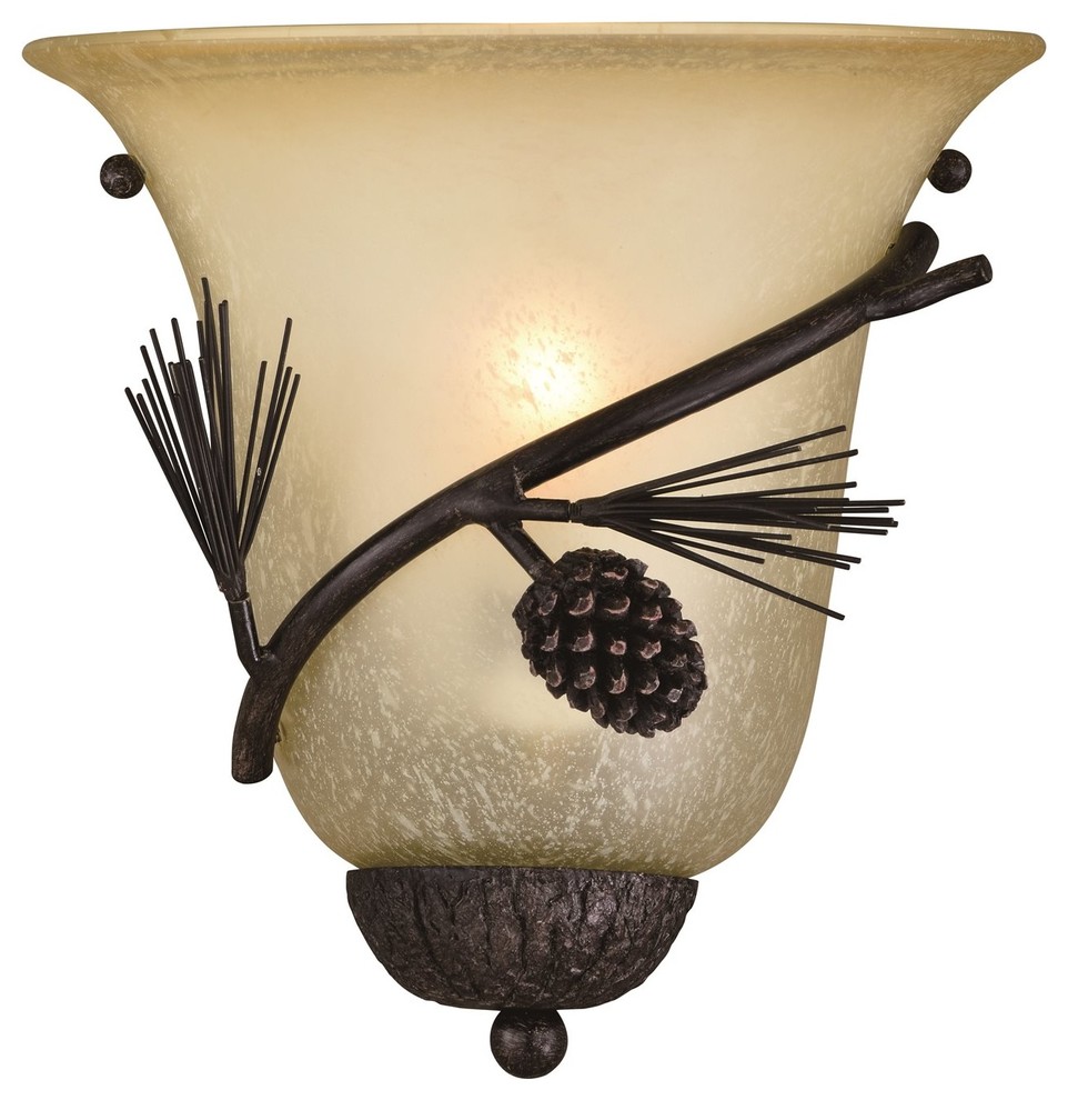 Sierra 1 Light Bronze Rustic Pinecone Half Moon Wall Sconce Cream Glass