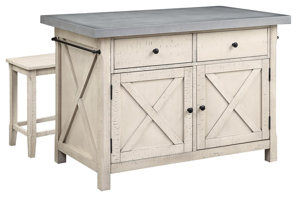 Pemberly Row Kitchen Island in Engineered Wood with Cement Gray Top and 2 Stools