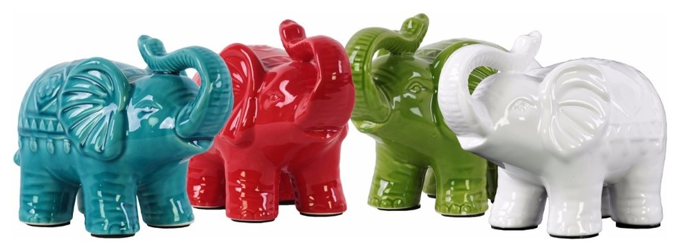 Trumpeting Standing Elephant Figurine, Ceramic Small Assortment of 4 Multicolor