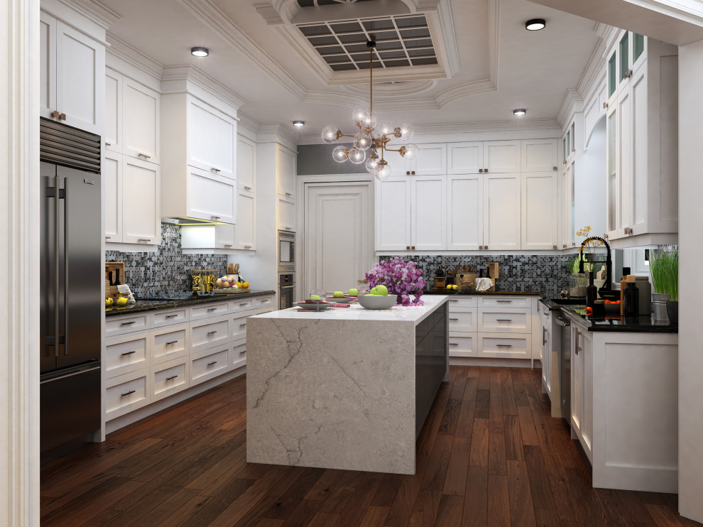 Transitional u-shaped dark wood floor and brown floor kitchen photo in Toronto with an undermount sink, shaker cabinets, white cabinets, gray backsplash, mosaic tile backsplash, stainless steel appliances, an island and black countertops