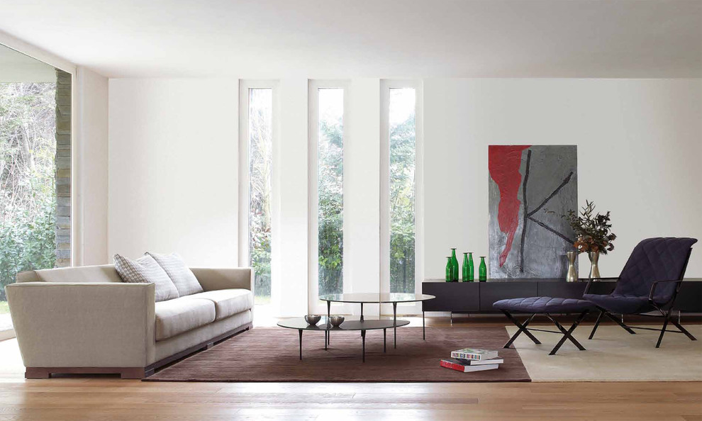 Inspiration for a modern living room in Philadelphia with white walls.