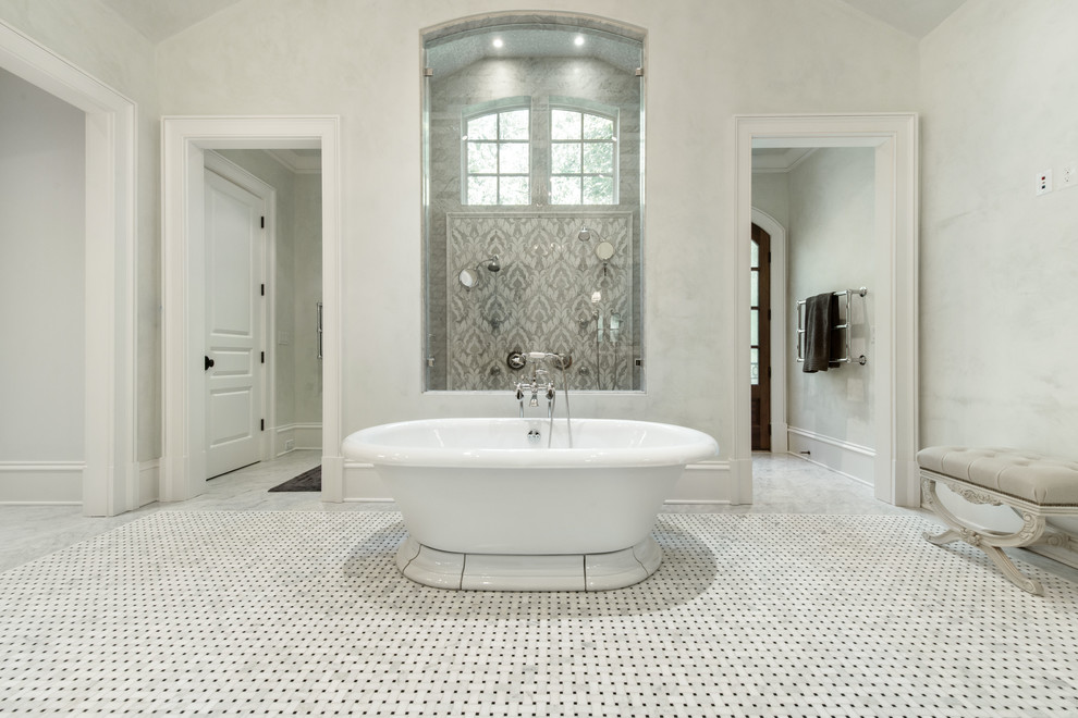 Design ideas for a traditional master bathroom in Atlanta with a freestanding tub, white walls and mosaic tile floors.