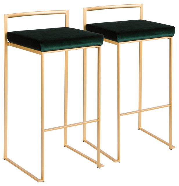 LumiSource Fuji Barstool, Gold With Green Velvet, Set of 2