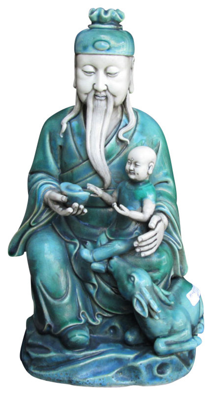 Unique Chinese Green Porcelain Sitting Old Man w/Kid Statue