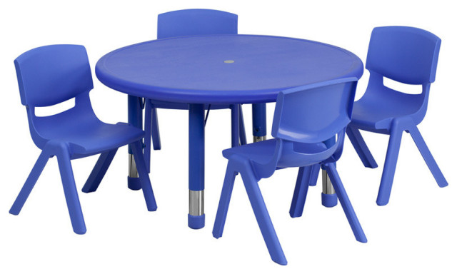 33'' Round Blue Plastic Height Adjustable Activity Table Set with 4