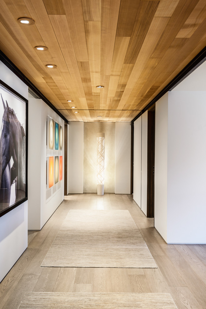Inspiration for a mid-sized contemporary hallway in Seattle with white walls, light hardwood floors and beige floor.