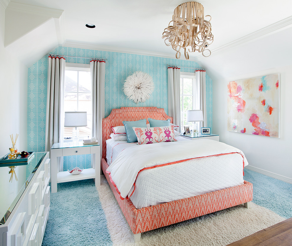 Photo of a transitional bedroom in New York with blue walls, carpet and blue floor.