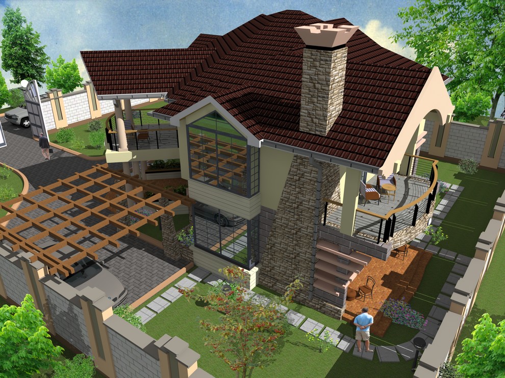 Mid-sized trendy two-story stone exterior home photo with a hip roof