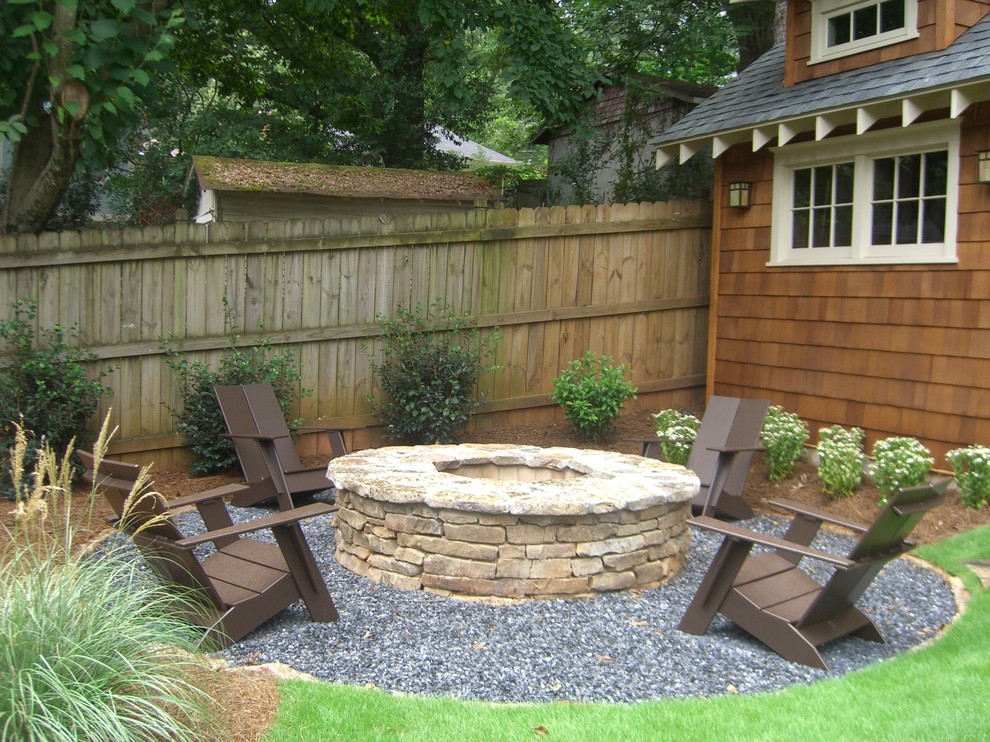 Design ideas for an arts and crafts patio in Atlanta with a fire feature, gravel and no cover.