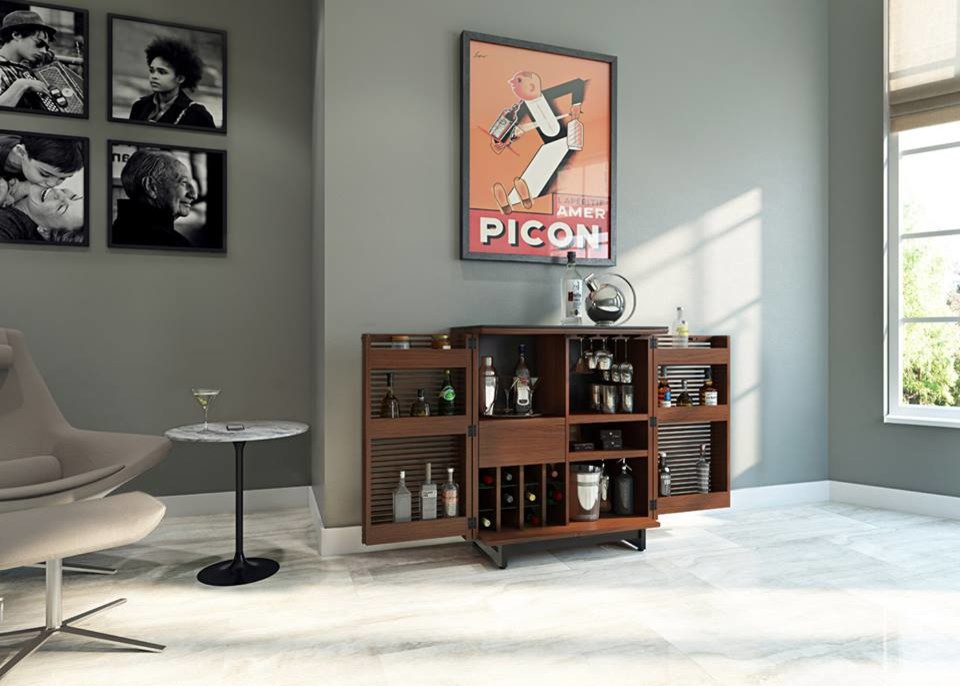 Small contemporary single-wall bar cart in Seattle with open cabinets, medium wood cabinets, marble floors and white floor.