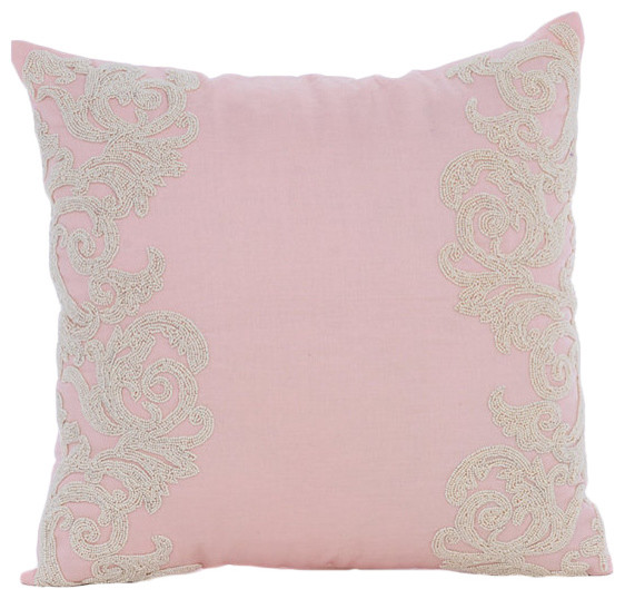 Pink Cotton Linen 18x18 Beaded Floral Border Throw Pillows Cover, Pink Inspire
