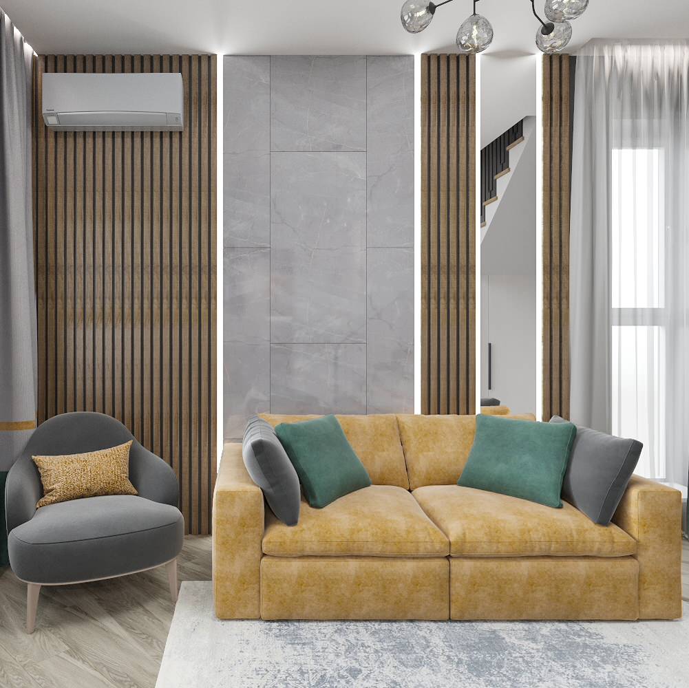 Кухня, гостиная и веранда жилого дома