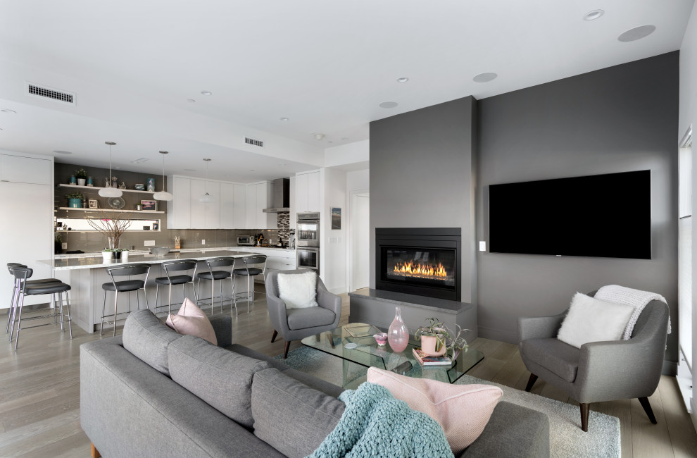 Immagine di un soggiorno moderno di medie dimensioni e aperto con parquet chiaro, camino classico, TV a parete e pavimento grigio