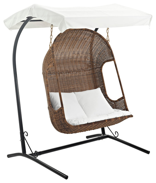 Vantage Outdoor Wicker Rattan Swing Chair With Stand, Brown White