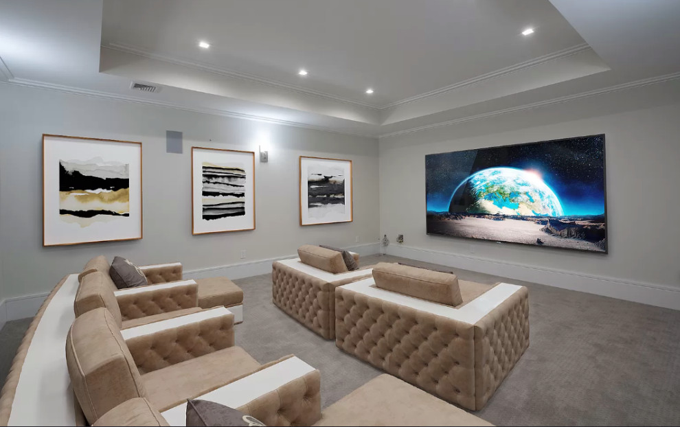 Design ideas for a beach style home theatre in New York.