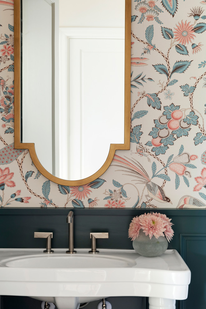 Design ideas for a small traditional bathroom in Minneapolis with white cabinets, a freestanding vanity, a two-piece toilet, multi-coloured walls, light hardwood floors, a single vanity, wallpaper and decorative wall panelling.