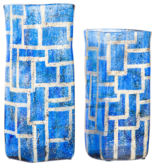 Large Square Glass Vase With Geometric Sapphire Blue Box Design