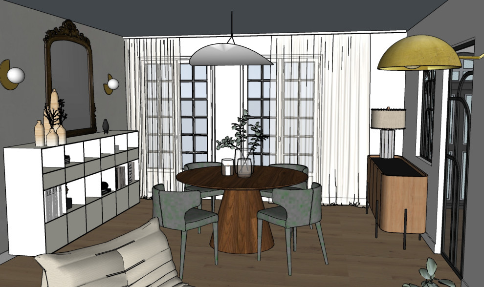 Inspiration for a medium sized contemporary dining room in Paris with a wood burning stove.