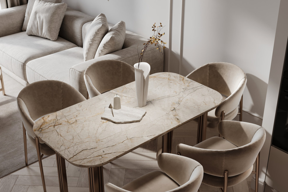 Интерьер бежевое кухни-гостиной 21м2