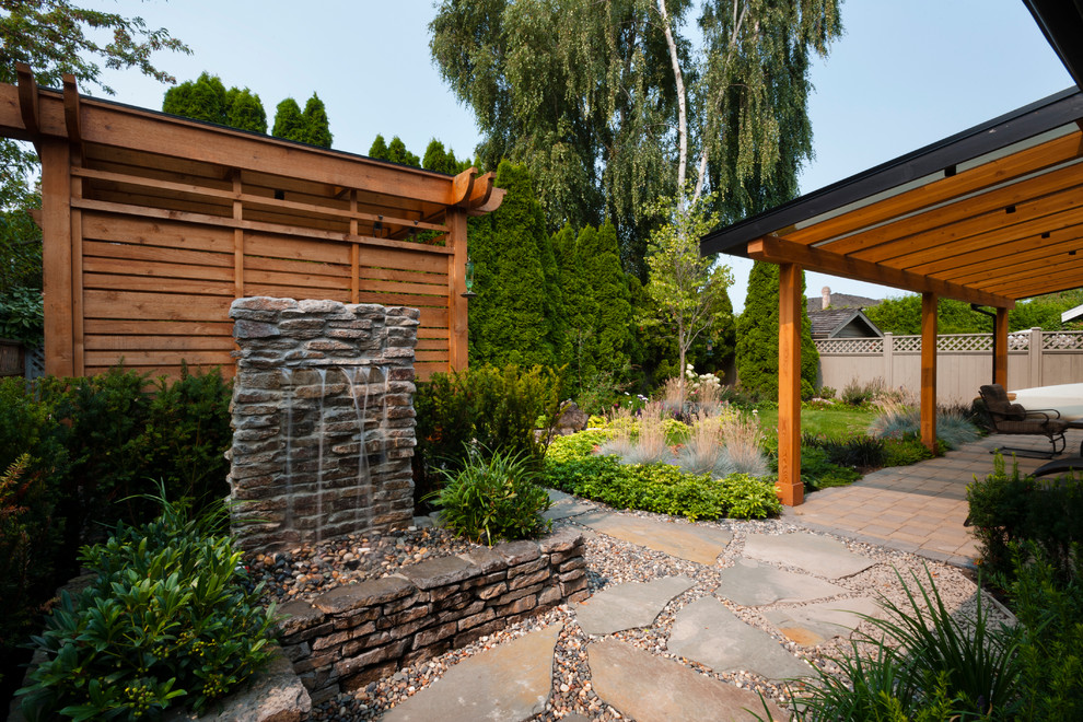 Inspiration for a large transitional backyard patio in Vancouver with a water feature, concrete pavers and a roof extension.
