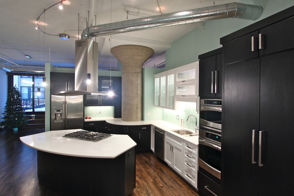 This is an example of an industrial kitchen in Chicago with flat-panel cabinets, stainless steel appliances, a double-bowl sink and black cabinets.