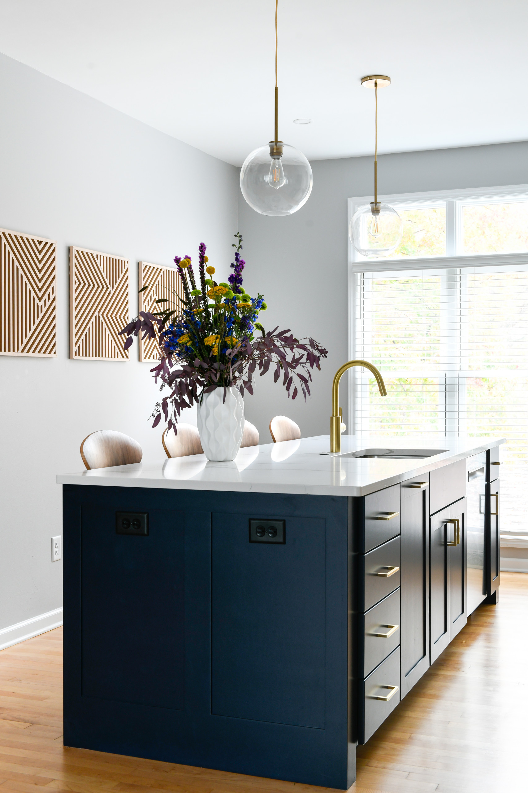 Blue, White and Gold Kitchen and Living Space