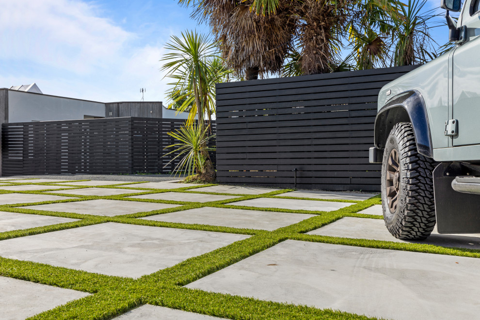 Inspiration for a medium sized modern front driveway full sun garden in Auckland with lawn edging and concrete paving.
