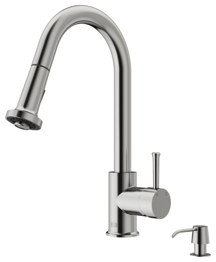 VIGO Chrome Pull-Out Spray Kitchen Faucet, Stainless Steel, With Soap Dispenser