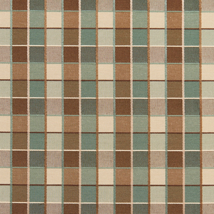 Teal Brown Cream Checkered Luxurious Faux Silk Upholstery Fabric By The Yard