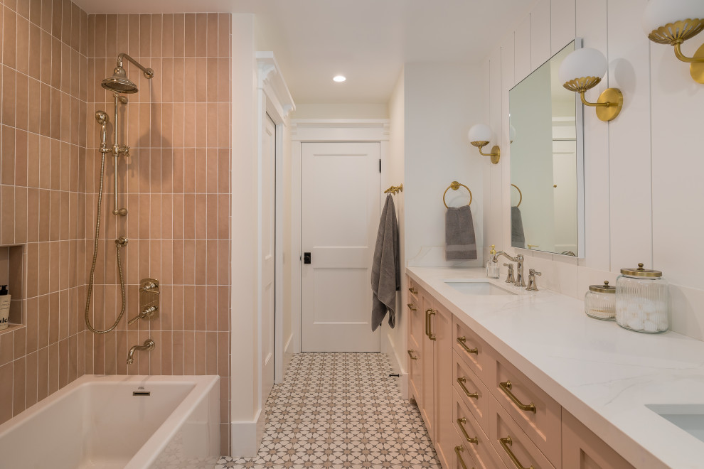Medium sized classic family bathroom in Los Angeles with shaker cabinets, a submerged sink, marble worktops, multi-coloured floors, a shower curtain, multi-coloured worktops, an enclosed toilet, double sinks, a built in vanity unit and panelled walls.
