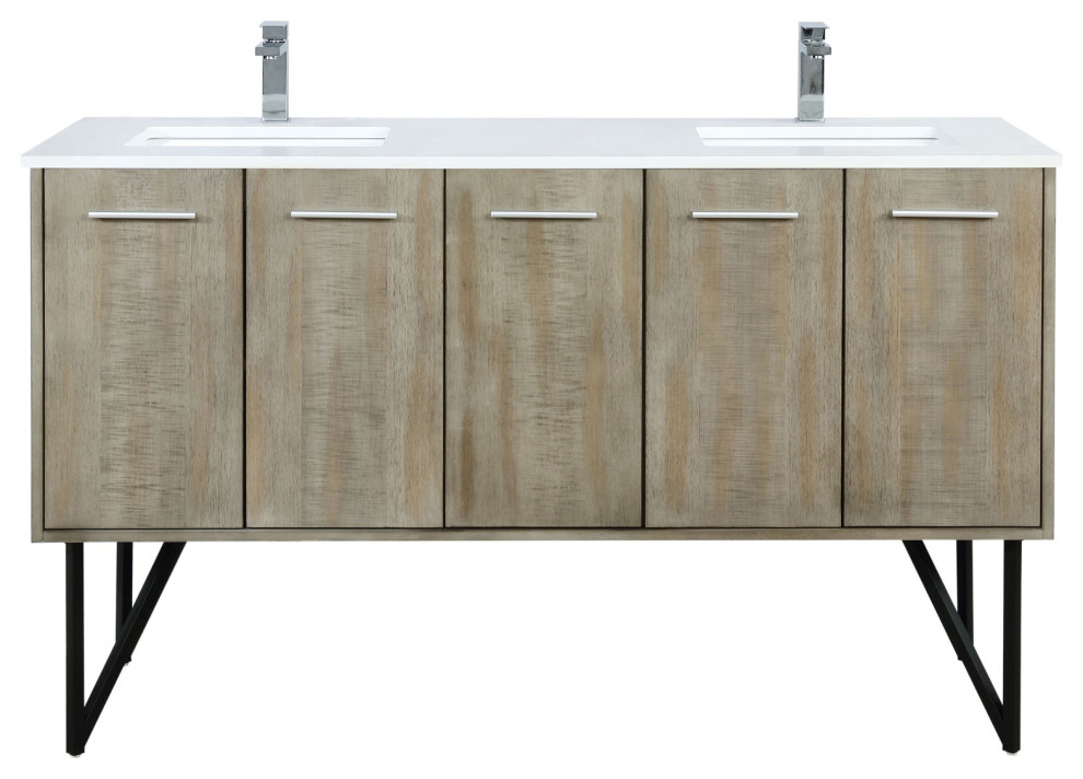 60" Double Bathroom Vanity, White Square Sinks, and Monte Chrome Faucet