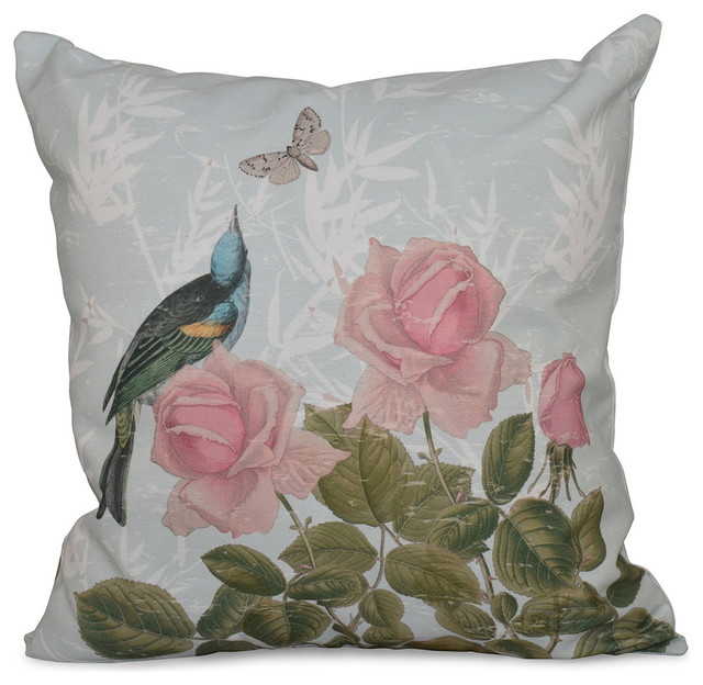 Asian Rose, Floral Print Pillow, Aqua, 16"x16"